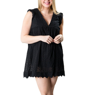 Black eyelet romper dress with V-neck and flutter ruffled cap sleeve