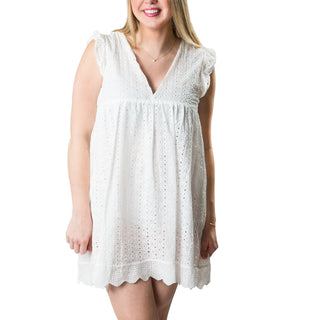 White eyelet romper dress with V-neck and flutter ruffled cap sleeve