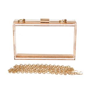 Clear, hard plastic clutch with chain strap 