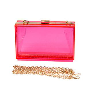 Hot Pink clear, hard plastic clutch with chain strap 