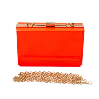 Orange clear, hard plastic clutch with chain strap 