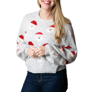 Light gray sweater with Santa faces