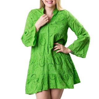 Short green long-sleeve eyelet dress