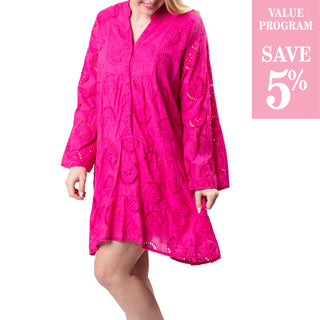 Short hot pink long-sleeve eyelet dress