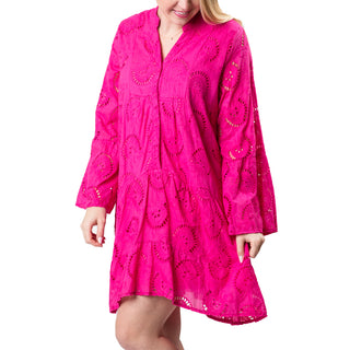 Short hot pink long-sleeve eyelet dress