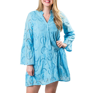 Short opal blue long-sleeve eyelet dress