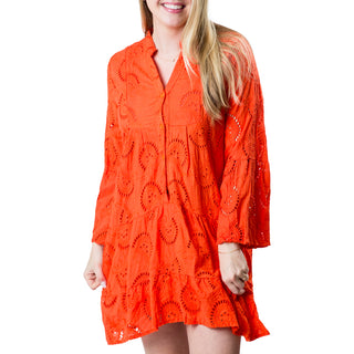 Short orange long-sleeve eyelet dress