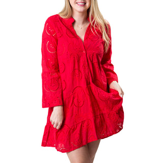 Short red long-sleeve eyelet dress