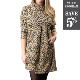 Camel leopard dress with front pleat and pockets