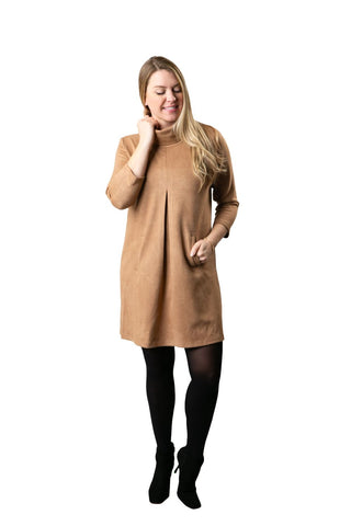 Camel microsuede dress with pleat in front and pockets