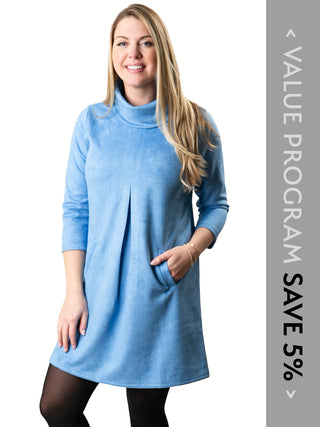 Women wearing blue suede dress