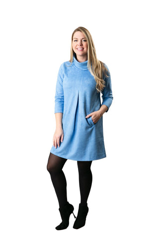 Light blue microsuede dress with pleat in front and pockets