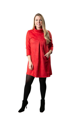 Red microsuede dress with pleat in front and pockets