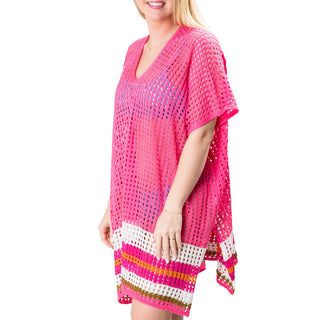 Hot Pink crochet cover up with colorful hem