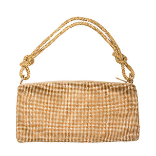 Gold beaded sequined shoulder bag with  rhinestone shoulder strap