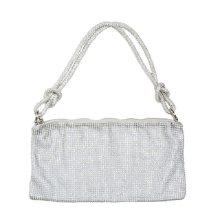 Silver beaded sequined shoulder bag with rhinestone shoulder strap