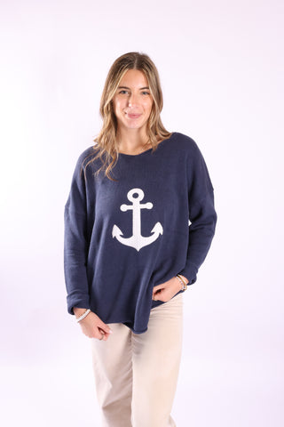 Navy Jetty Pullover Sweater with white anchor design – nautical women’s pullover