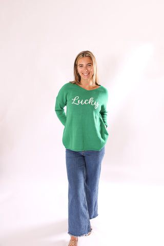 Green Jetty Pullover Sweater with “Lucky” script – women’s knit top for St. Patrick’s Day style