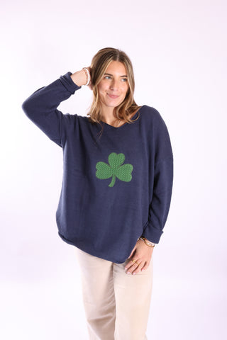 Navy Jetty Pullover Sweater with green shamrock embroidery – festive women’s knit sweater