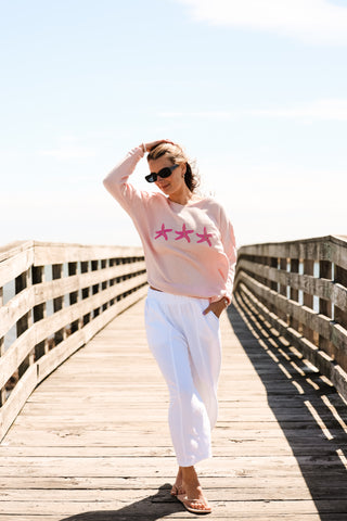 Pink Jetty Pullover Sweater with three embroidered starfish – beach-inspired women’s knit