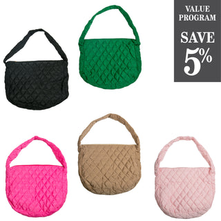 Quilted tote bag in hot pink, light pink, camel, black and green