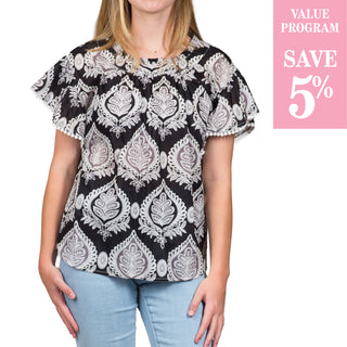 Black, flutter sleeve medallion print shirt