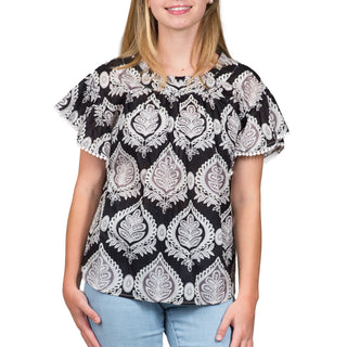 Black Medallion Flutter Top