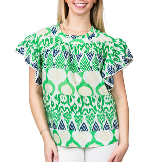 Green Cream and Navy Abstract Flutter Top