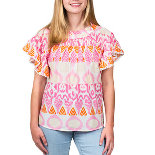 Orange Cream and Pink Abstract Flutter Top