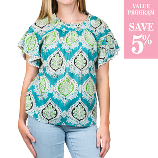 turquoise and green medallion flutter top sold in size assortment