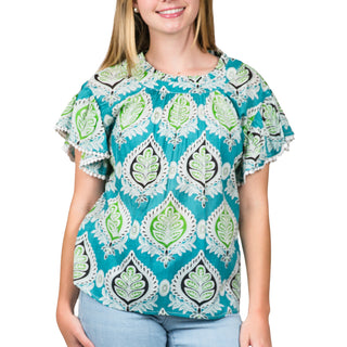 Turquoise and Green Medallion Flutter Top