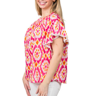 Pink Orange and White Ikat Flutter Top