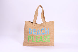 Palma Tote Bag made from eco-friendly straw, featuring bold black embroidered “BEACH PLEASE” text.