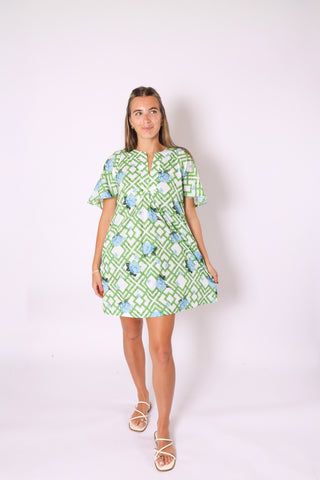 Romy Mini Dress in hydrangea print, lightweight mini dress with vibrant floral design.