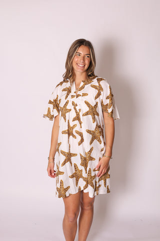 Romy Mini Dress in square scarf print, playful short dress styled with flutter sleeves.
