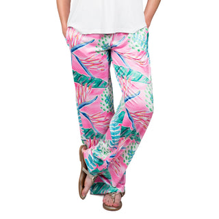 Palazzo pants in pink and green trellis