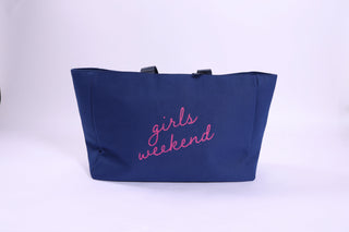 Navy Girls Weekend Tote – Spring 2026 navy tote featuring pink embroidered “girls weekend” script.