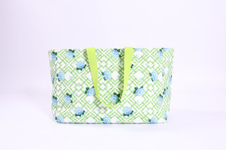 Hydrangea Print Tote – Spring 2026 tote with bright green lattice and blue hydrangea flowers.