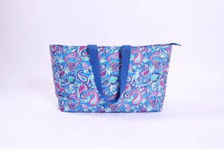 Paisley Print Tote – Spring 2026 colorful paisley print tote with shades of blue, pink, and green.
