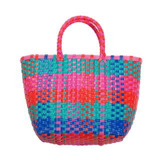 woven bag with teal, royal blue, red and pink threads