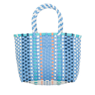 Woven bag with blue, white, navy blue, teal and orange threads