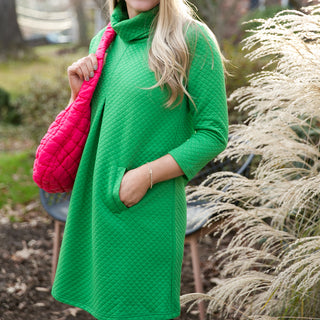 Green  quilted dress with front pleat and pockets