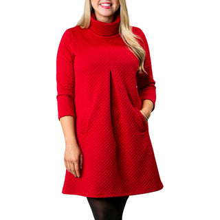 Red  quilted dress with front pleat and pockets