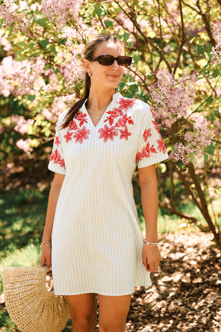 Woman wearing the Wren Dress with red floral embroidery around the neckline and sleeves, striped fabric, styled with a straw bag outdoors in summer.