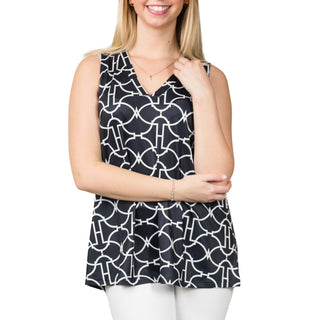 V-Neck sleeveless top in Black Trellis