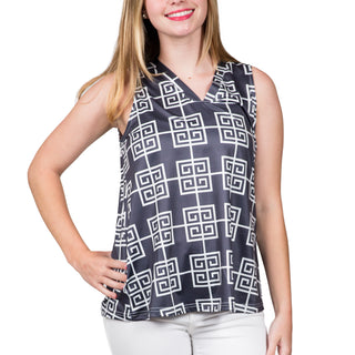 V-Neck sleeveless top in Black and White Greek Key