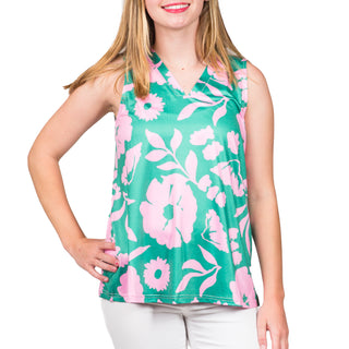 V-Neck sleeveless top in Pink and Green Cosmo