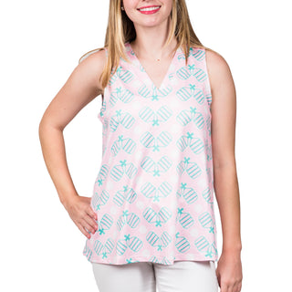 V-Neck sleeveless top in Pink and Green Pickleball