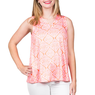 V-Neck sleeveless top in Pink and Orange Damask