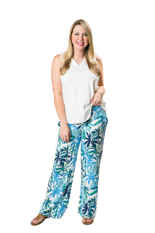 Palm trees in blues on white background print  wide-legged palazzo pants with drawstring waist and two side pockets